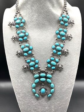 Contemporary Faux Turquoise Silver Tone Squash Blossom Necklace